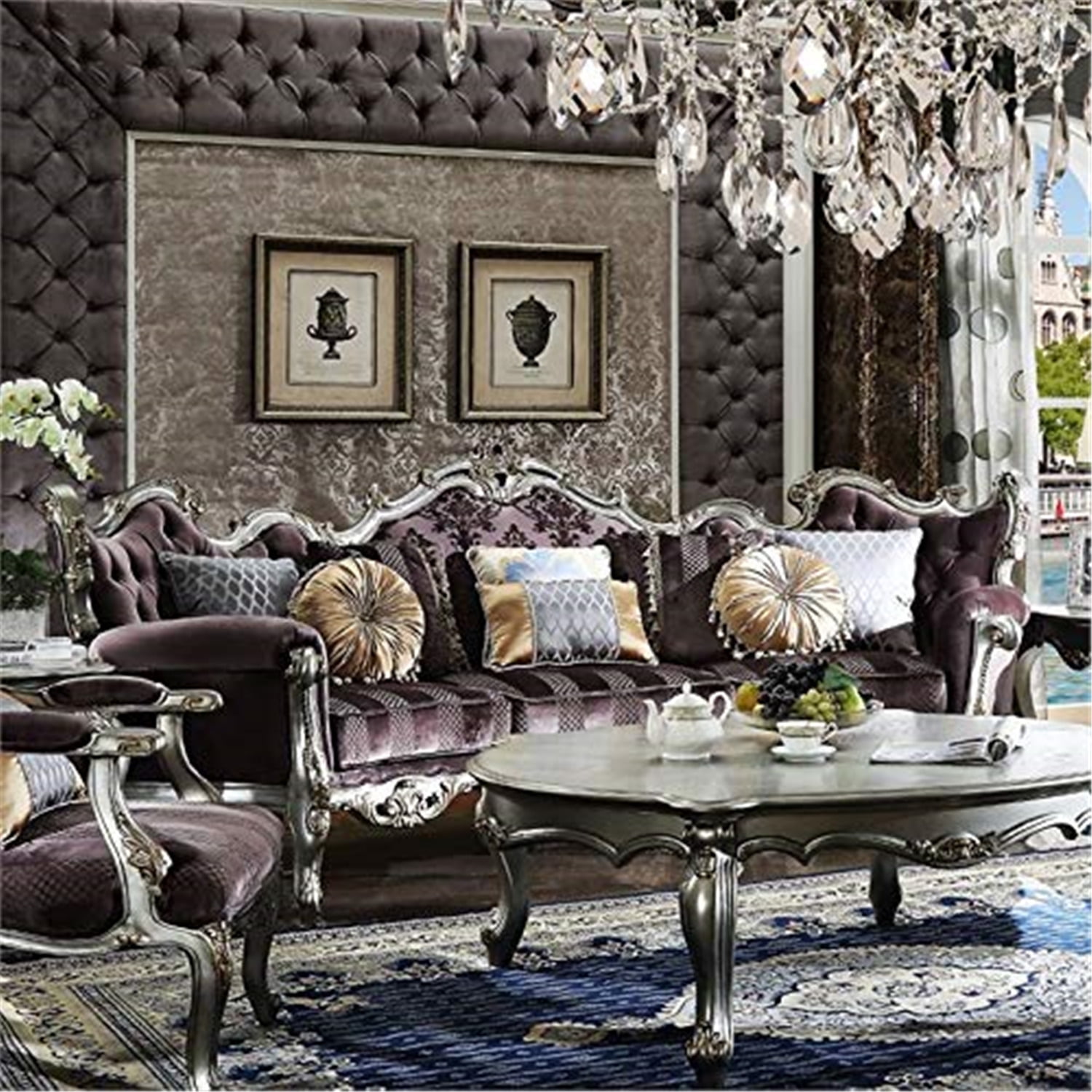 Picardy Antique Platinum Velvet Sofa with 8 Pillows