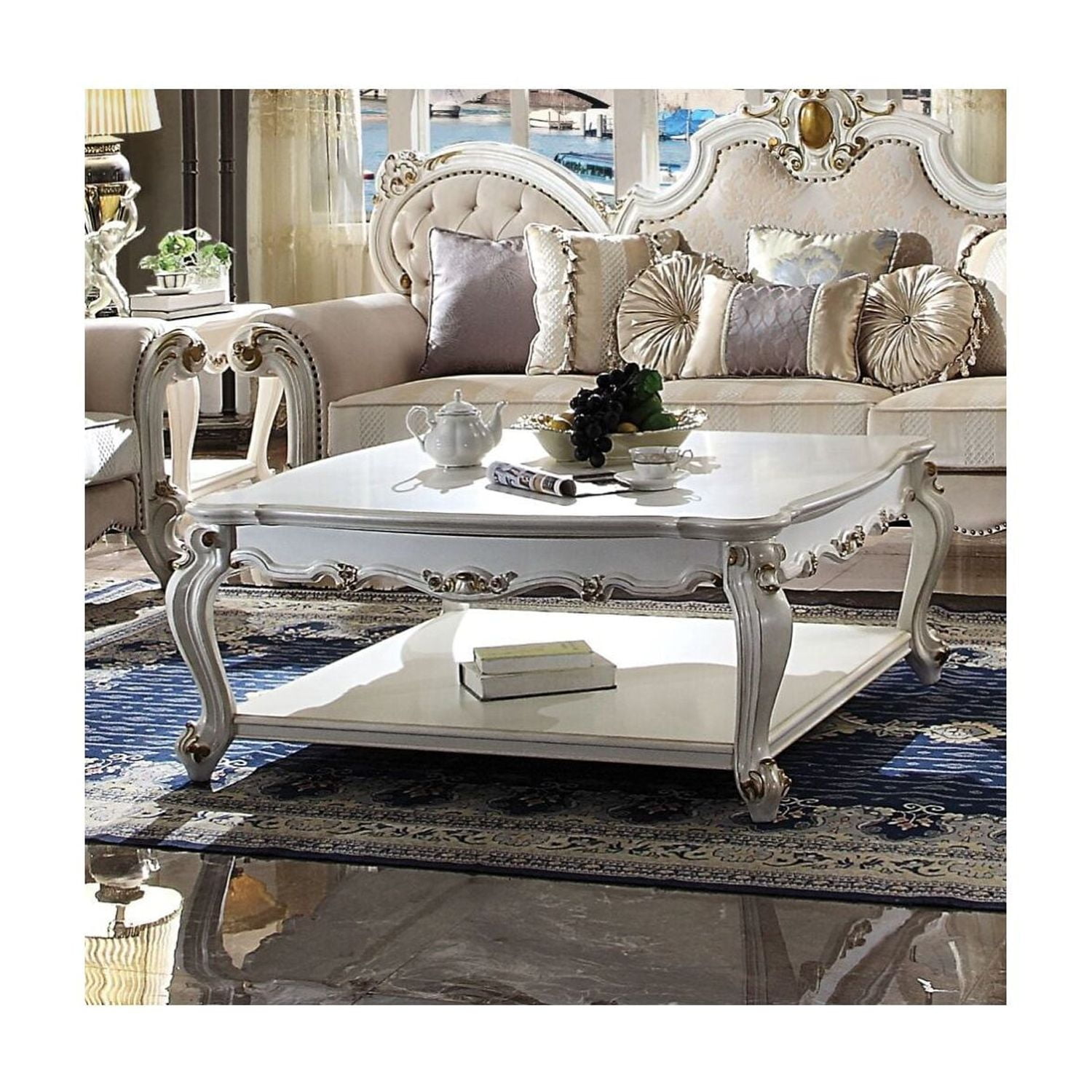 47" Antique Pearl Wood Coffee Table with Storage Shelf