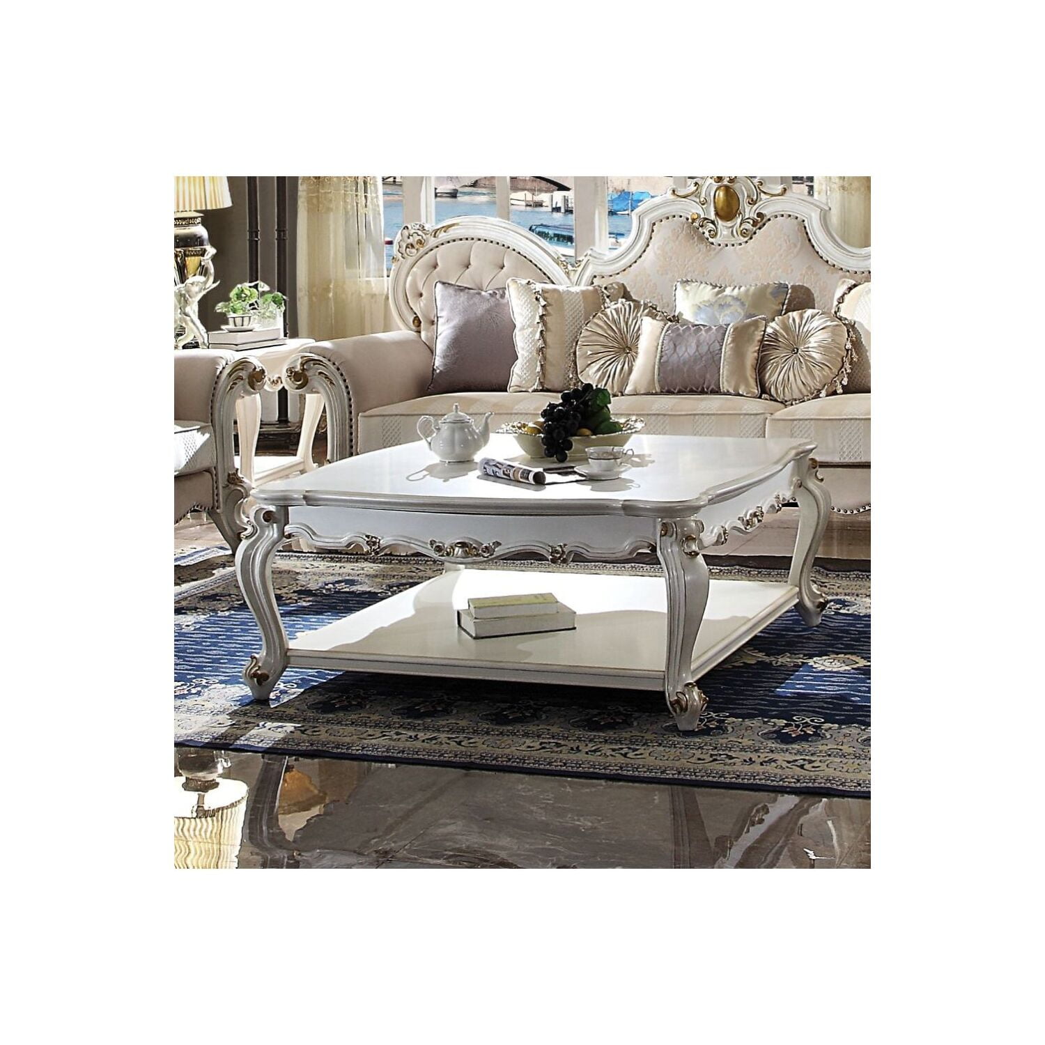 47" Antique Pearl Wood Coffee Table with Storage Shelf