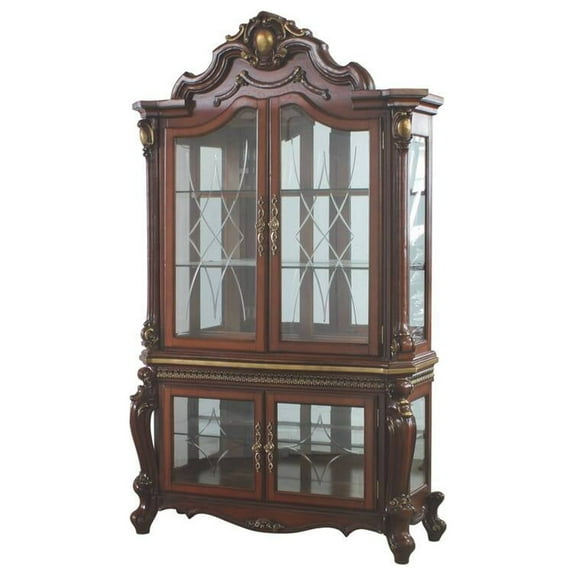 ACME Picardy Wooden Curio Cabinet with Glass Doors in Cherry Oak