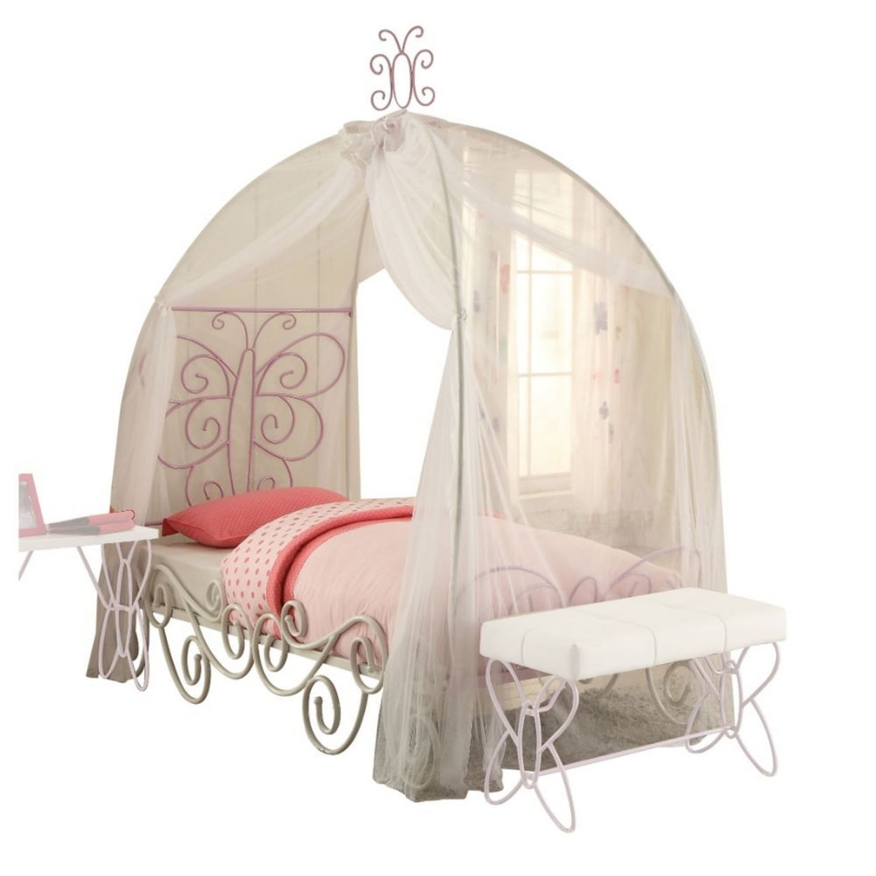 Priya II Full White and Light Purple Metal Canopy Bed with Butterfly Design