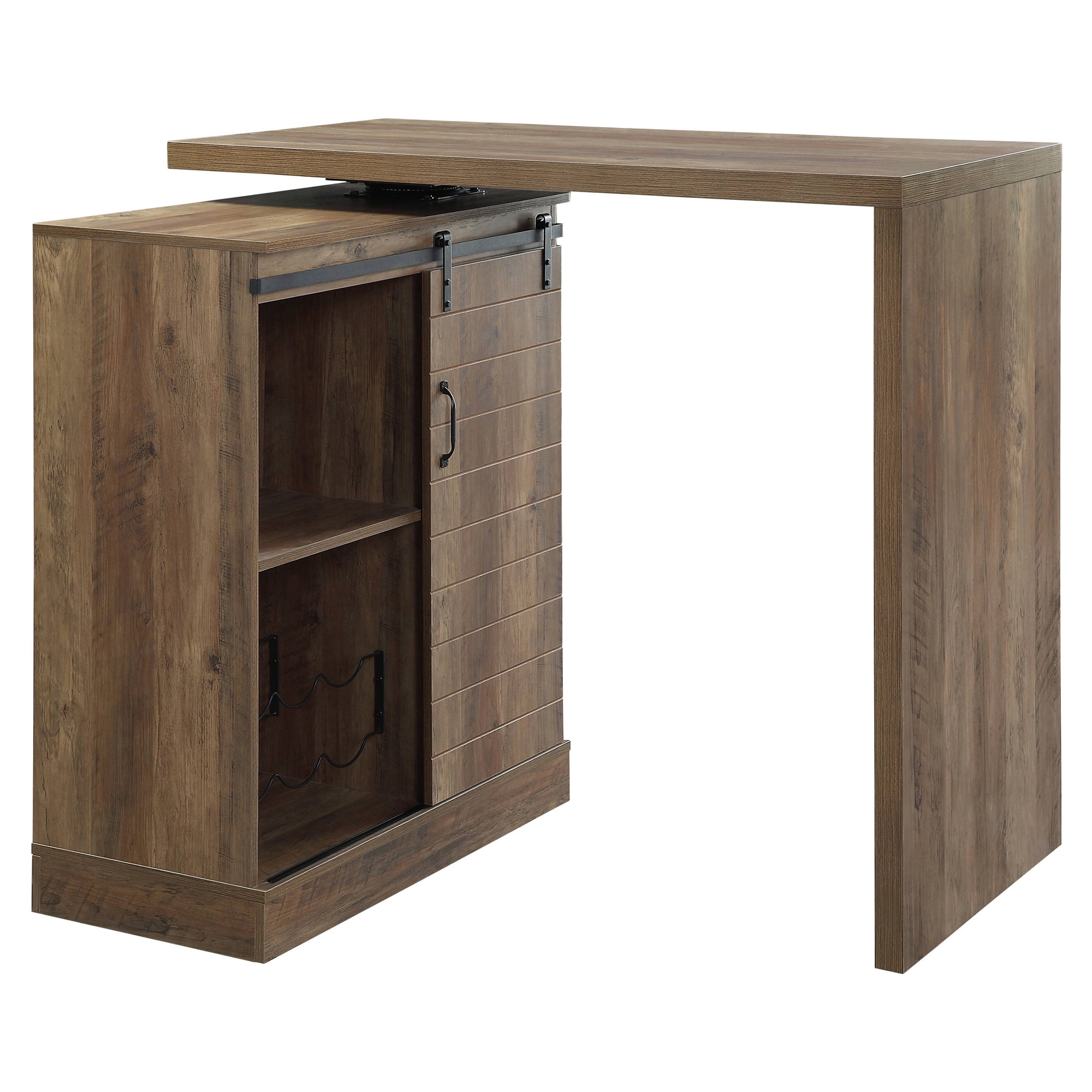Rustic Oak Farmhouse-Industrial Bar Table with Swivel Top and Wine Rack
