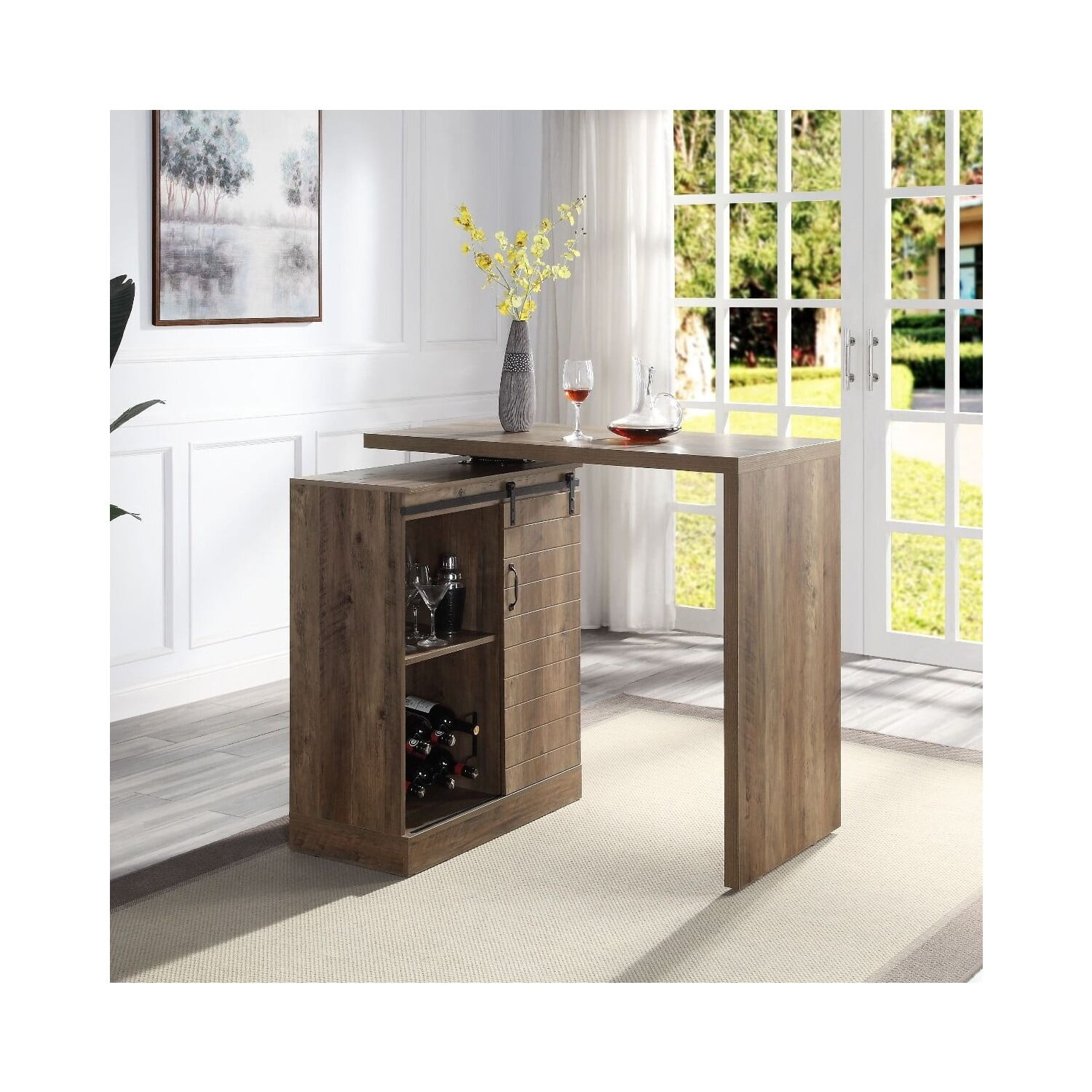 Rustic Oak Farmhouse-Industrial Bar Table with Swivel Top and Wine Rack