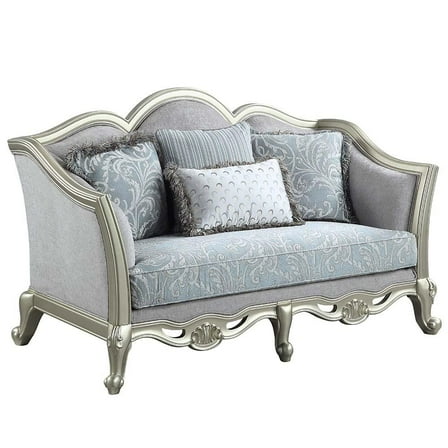 ACME Qunsia Loveseat with 4 Pillows in Light Gray Fabric and Champagne