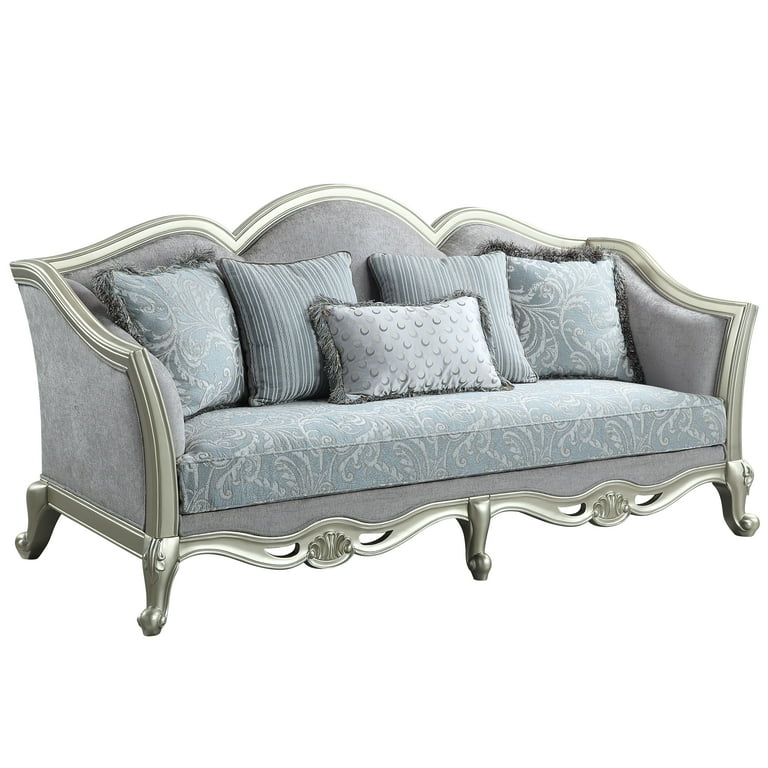 ACME Qunsia Sofa with 5 Pillows in Light Gray Fabric and Champagne