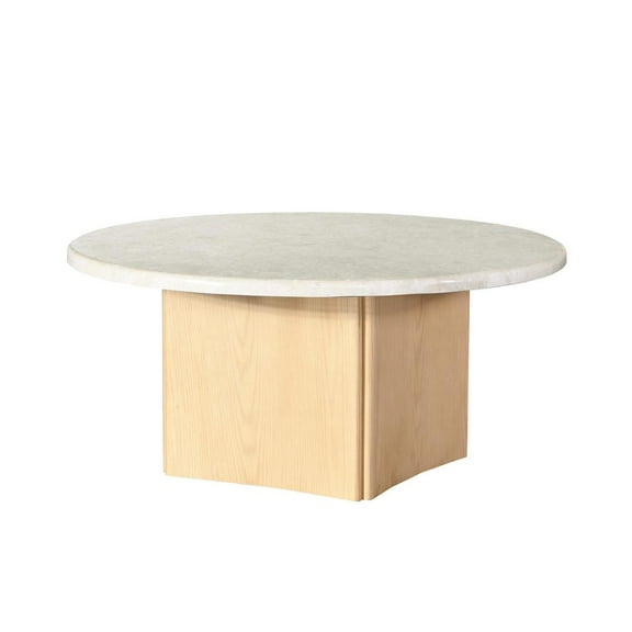 ACME Qwin Marble and Wood Round Coffee Table with Curved Base in Natural Oak