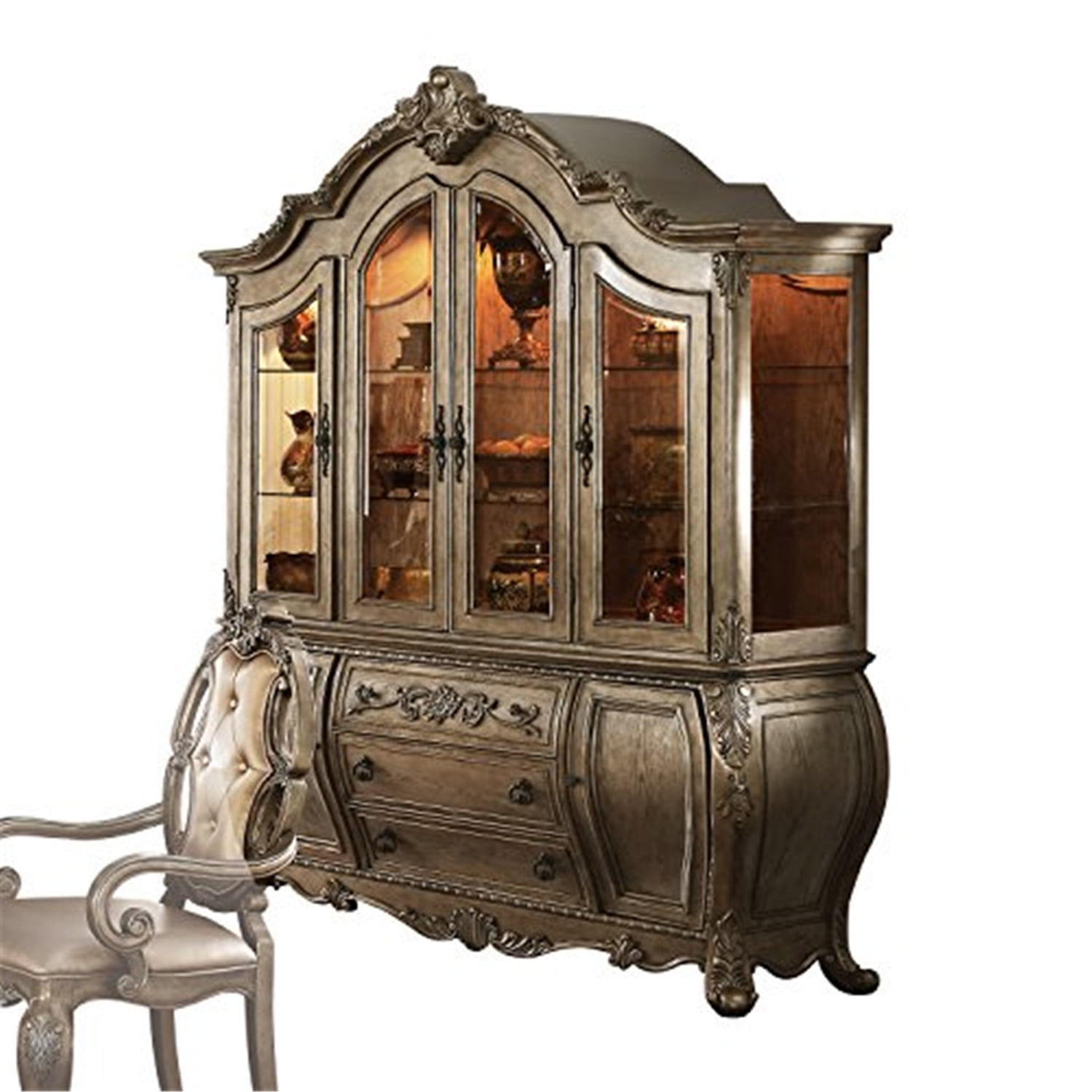 Elegant 72" Vintage Oak Lighted China Cabinet with Intricate Carvings