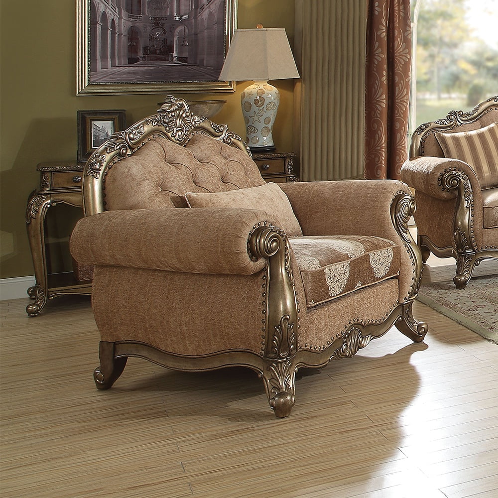 Floral Fabric and Vintage Oak Accent Chair with Button Tufted Backrest