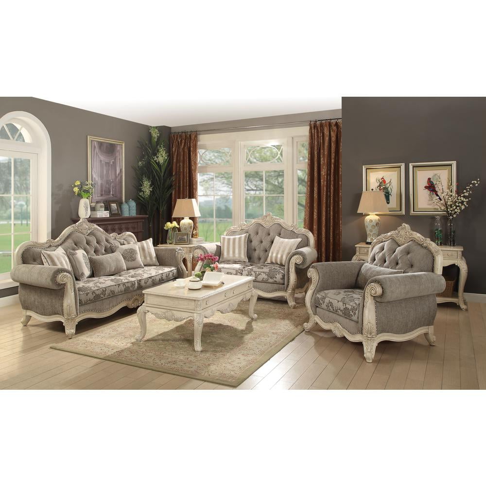 Gray Fabric and Antique White Tufted Sofa with Rolled Arms
