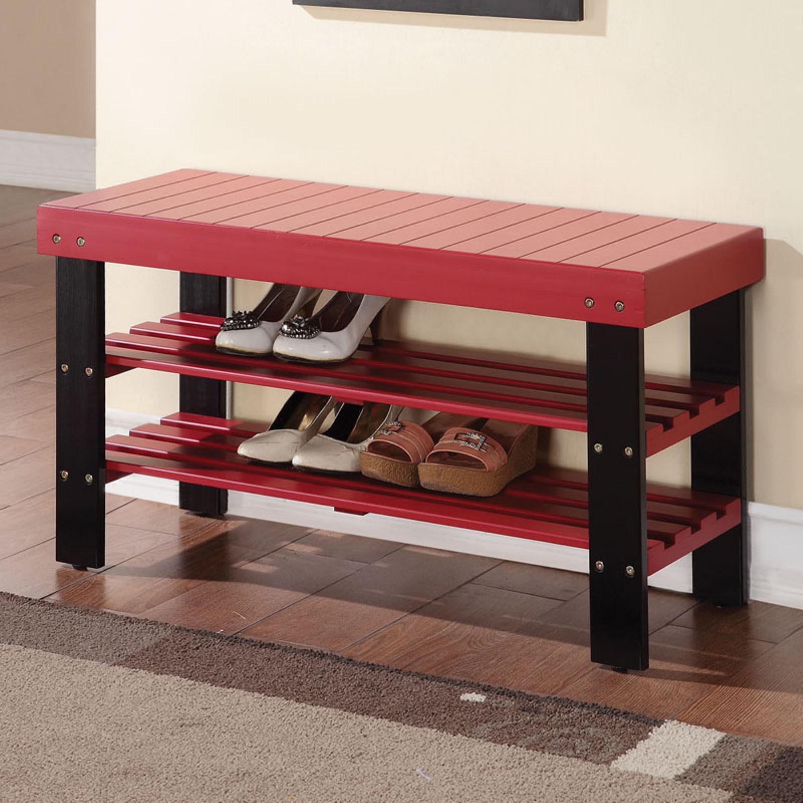 Rectangular Wooden Bench With 2 Shelves, Red - Walmart.com