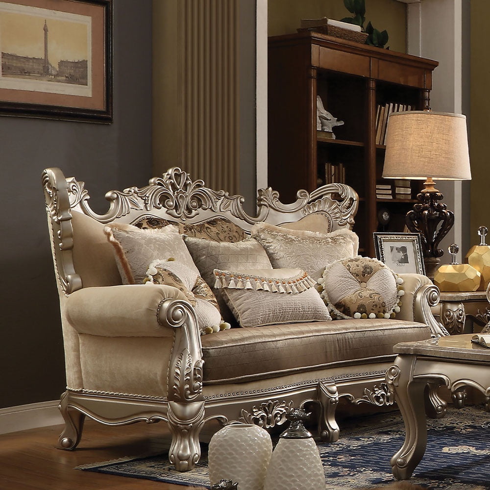 Ranita Beige Fabric Sofa with Rolled Arms and Nailhead Trim