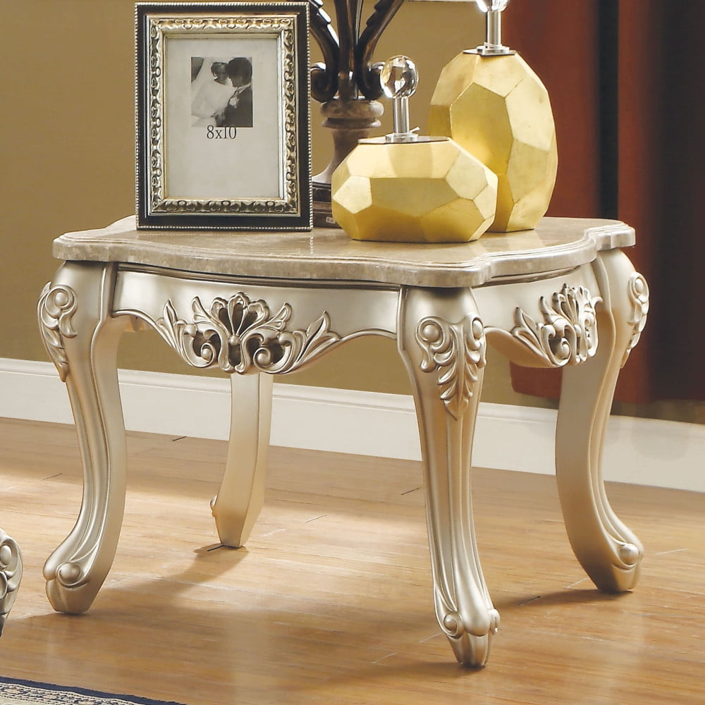 Champagne Marble Top End Table with Carved Floral Motifs