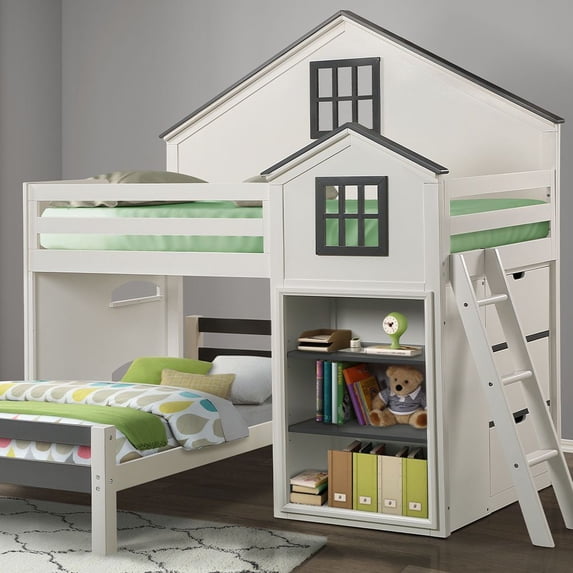 ACME Ratana Wood House-Shaped Loft Bed with Built-in Bookshelf in White & Gray