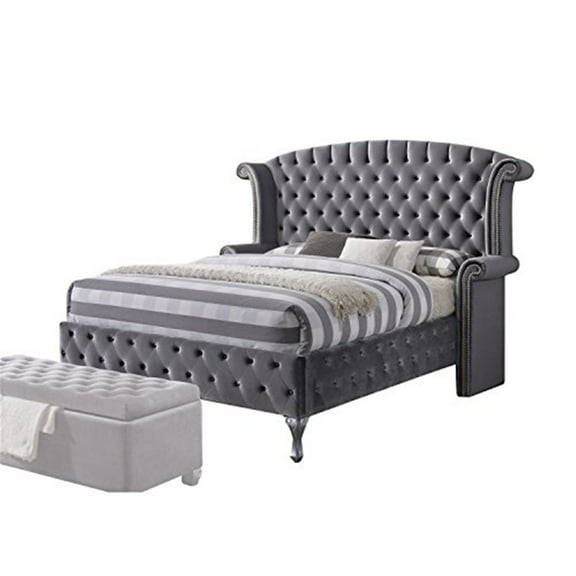 ACME Rebekah Eastern King Bed, Gray Velvet (1Set/4Ctn)-Color:Gray Velvet,Quantity:1,Style:Transitional