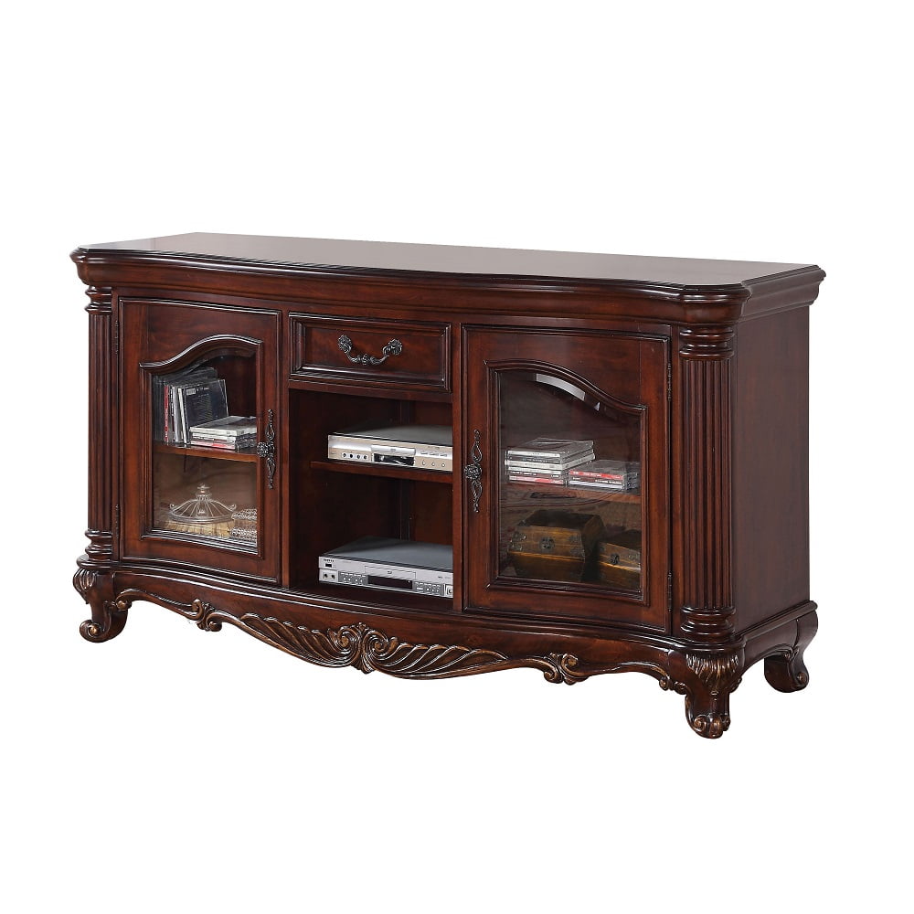 Elegant Remington Cherry Brown TV Stand with Glass Doors and Drawer