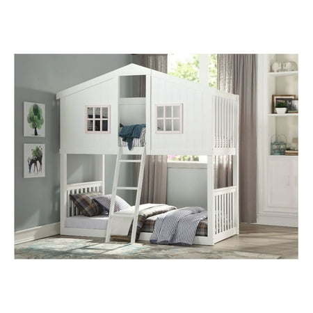 Acme Rohan Cottage Twin over Twin Bunk Bed in White & Pink