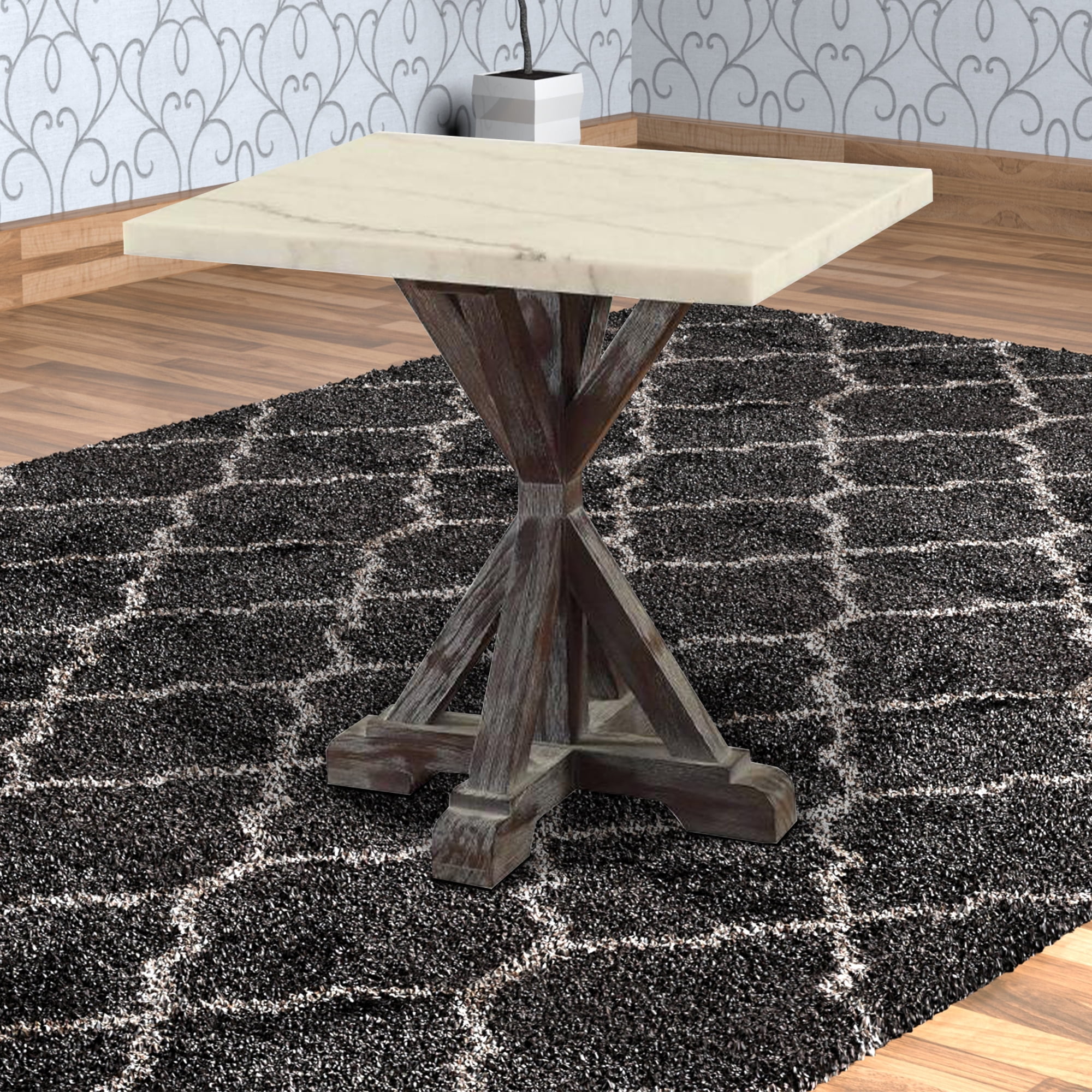 Romina Weathered Espresso Pine Wood & White Marble End Table