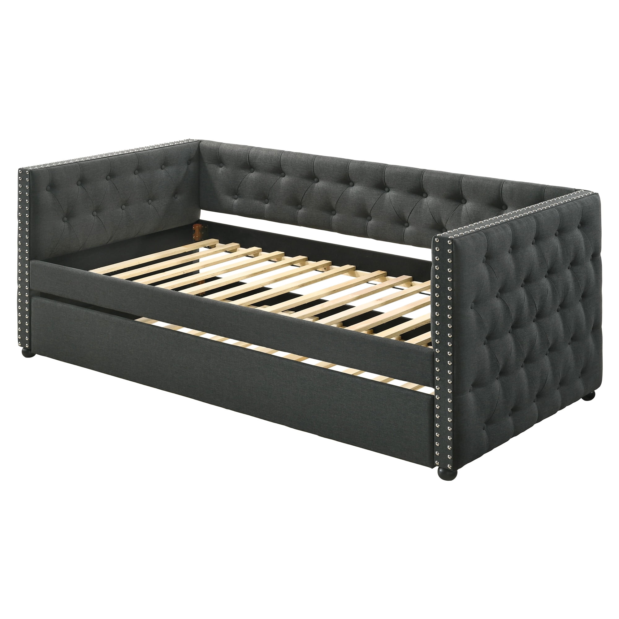 Romona Gray Twin Upholstered Daybed with Trundle and Nailhead Trim