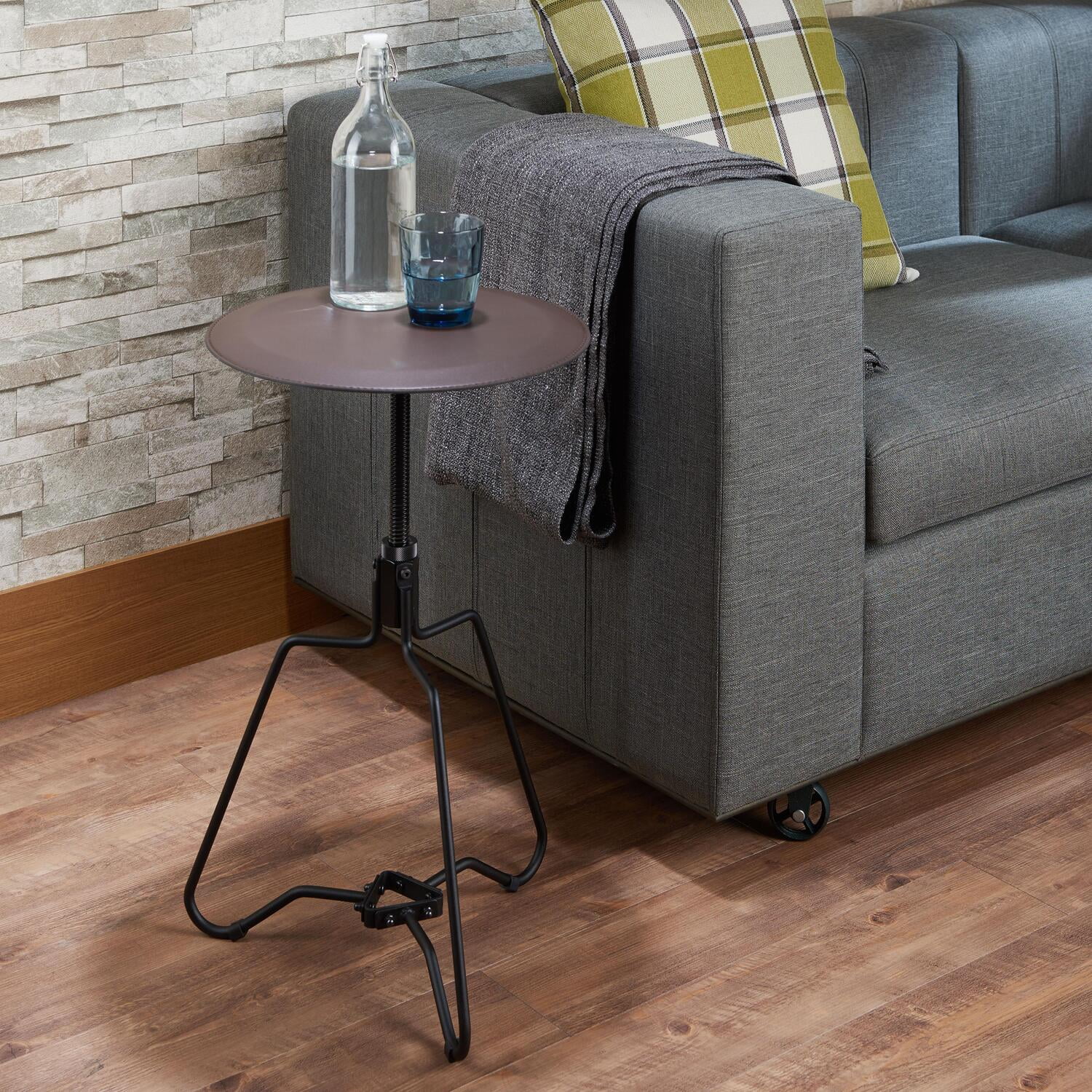 Espresso and Black Adjustable Round Wood Metal End Table