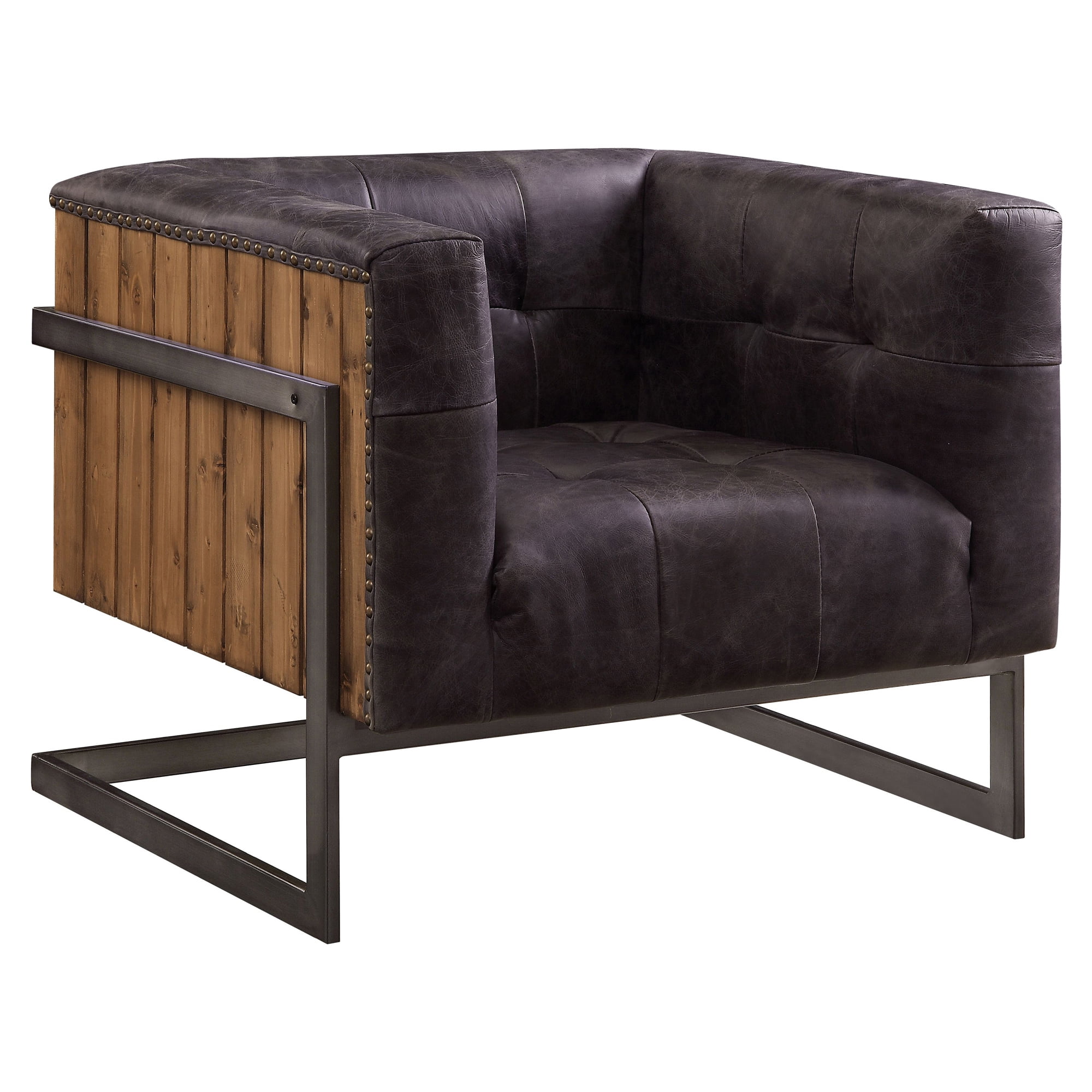 31" Antique Ebony Leather and Rustic Oak Accent Chair
