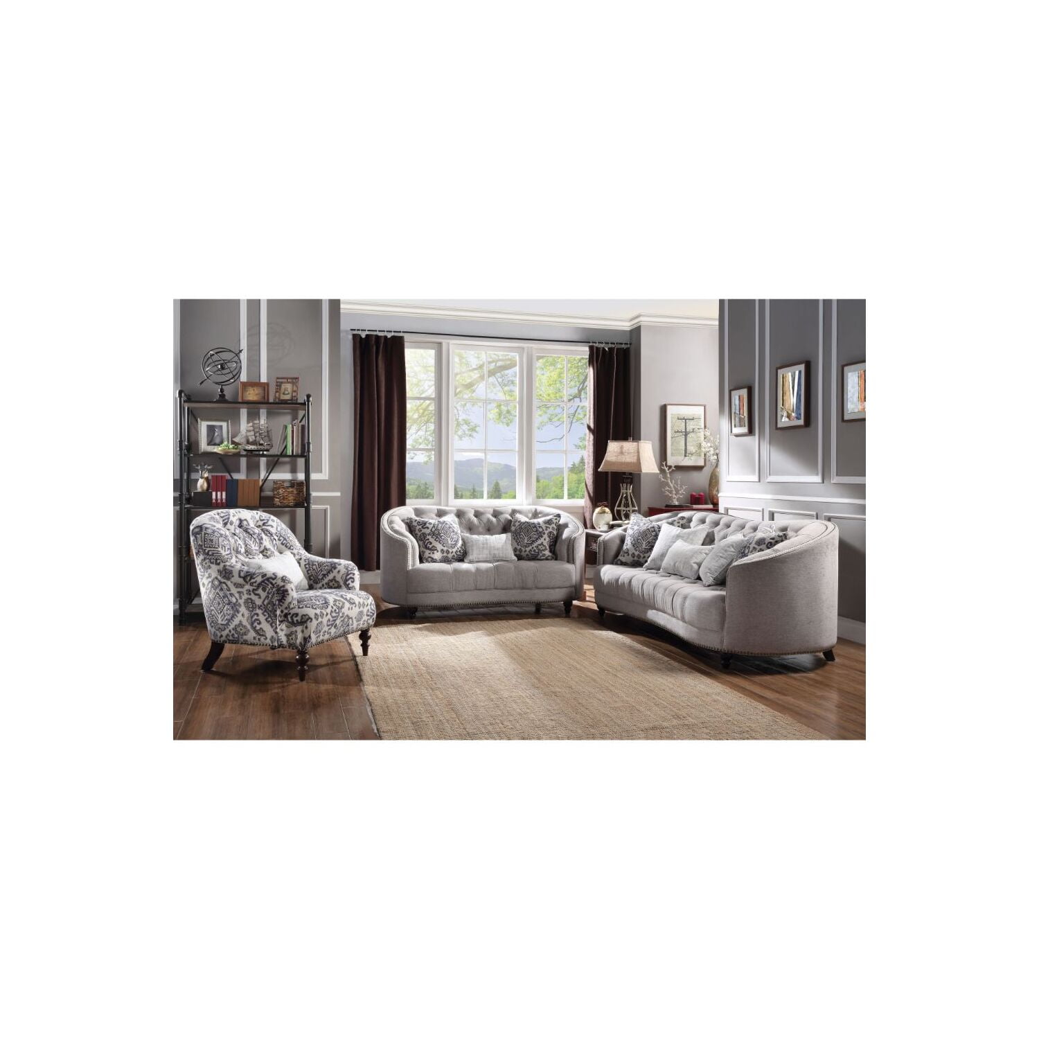 Saira Light Gray and Blue Tufted Accent Chair with Wooden Legs