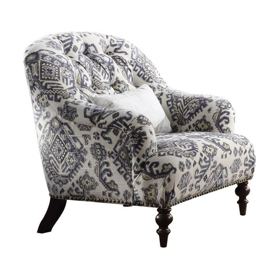 ACME Saira Tufted Accent Chair with 1 Pillow in Light Gray and Blue Fabric