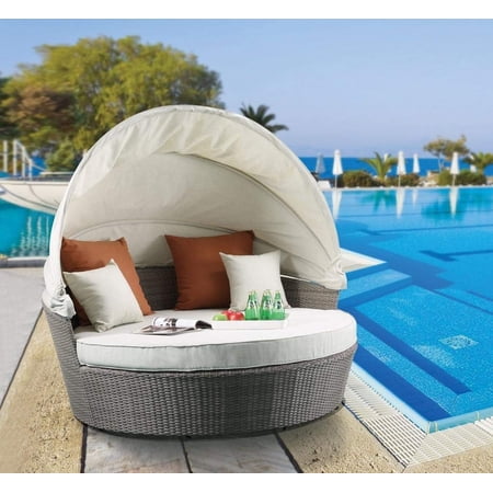 ACME Salena Wicker / Rattan Retractable Canopy 78"L x 40"W x 39"H Daybed Beige and Gray