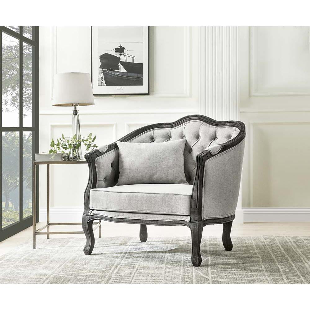 Gray and Dark Brown Linen Upholstered Armchair with Wooden Frame