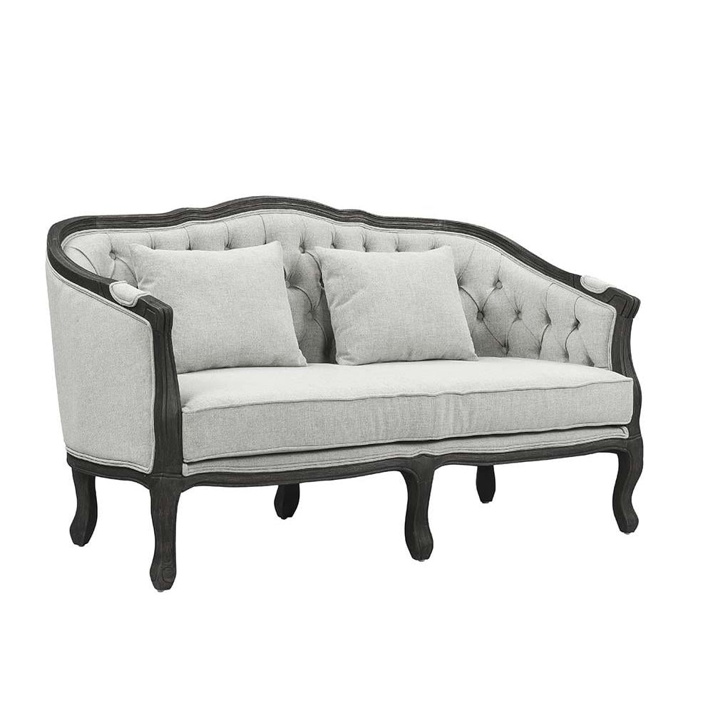 64" Gray Linen Camel-Back Sofa with Dark Brown Carved Wood Frame