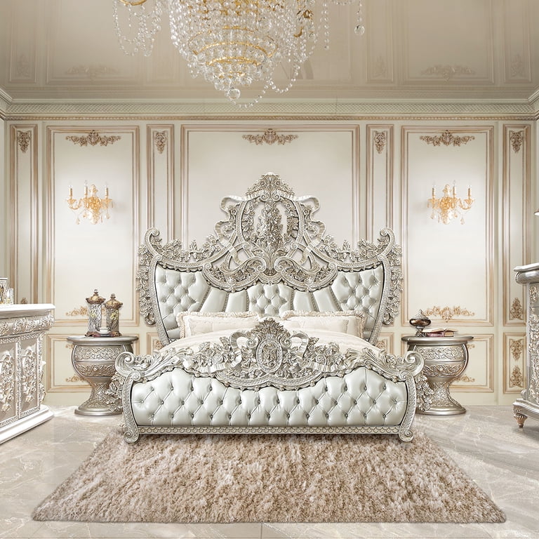 Acme Sandoval Eastern King Bed Beige Synthetic Leather & Champagne