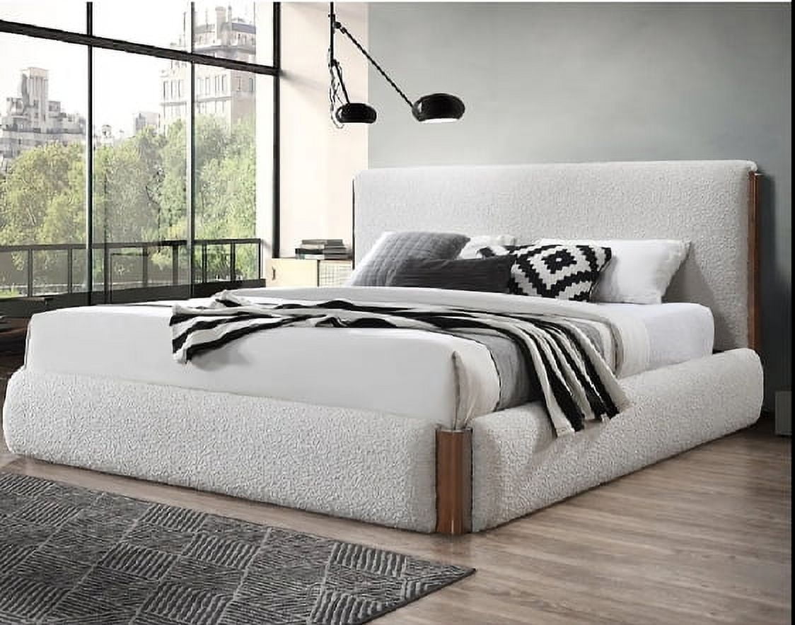 Sandro King White Boucle Upholstered Bed with Walnut Frame