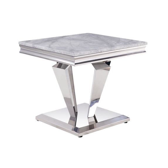 ACME Satinka End Table, Light Gray Engineered Marble & Mirrored Silver Finish