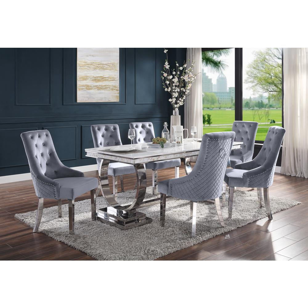Gray Upholstered Parsons Side Chair with Mirrored Silver Finish