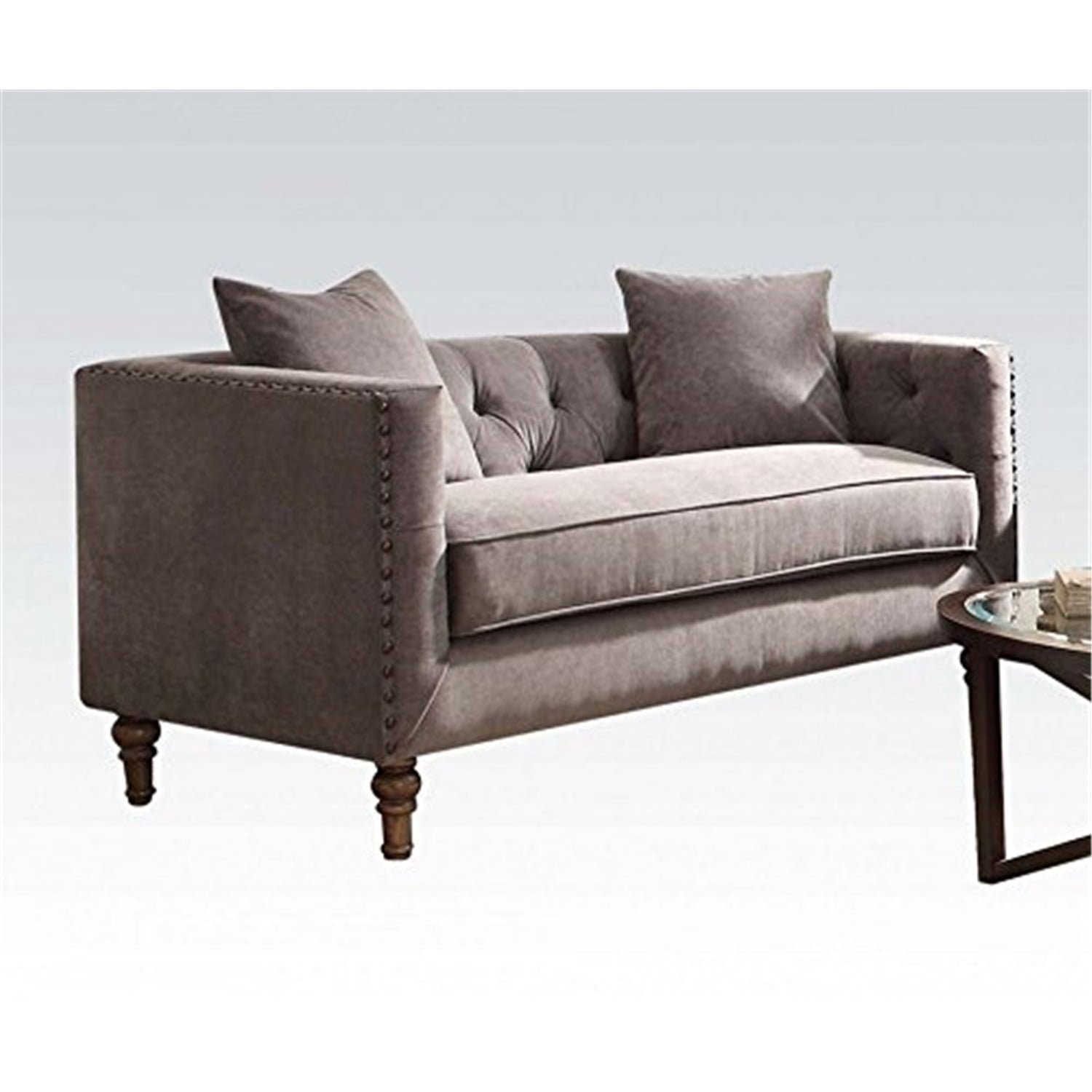 Gray Velvet Tufted Loveseat with Nailhead Trim and Cup Holder