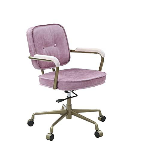 Aurora Pink Top Grain Leather Swivel Accent Chair with Fixed Arms