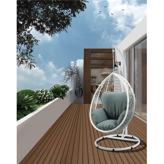 ACME Simona Hanging Chair, Green Fabric & White Wicker