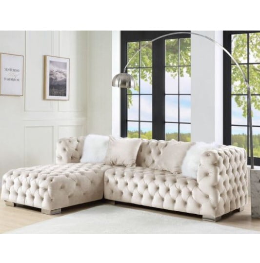Beige Velvet Tufted Sectional Sofa with Pillows