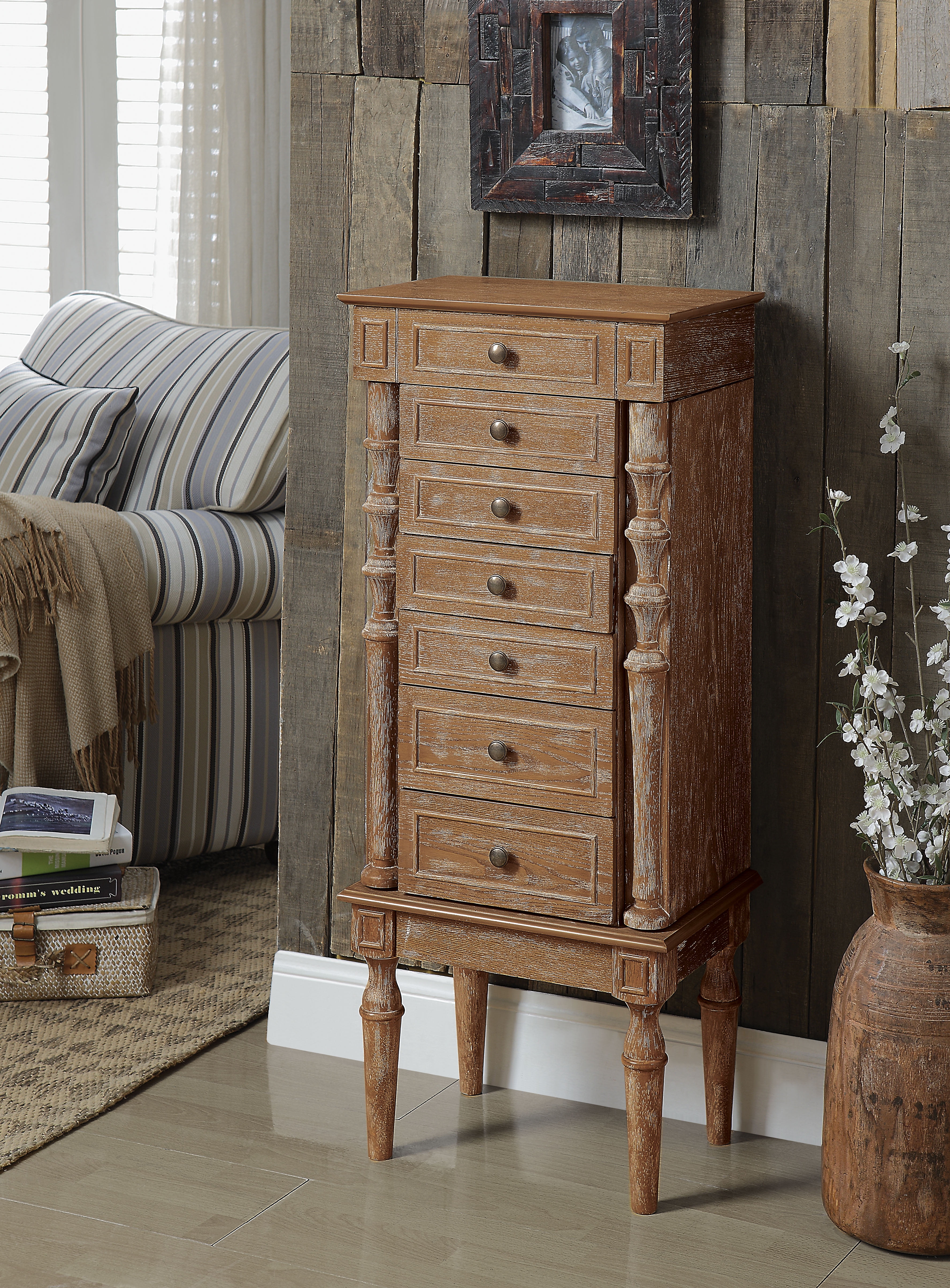 Free Shipping ACME Bedroom Furniture Taline Jewelry Armoire with Mirror Weathered Oak Finish Walmart Walmart