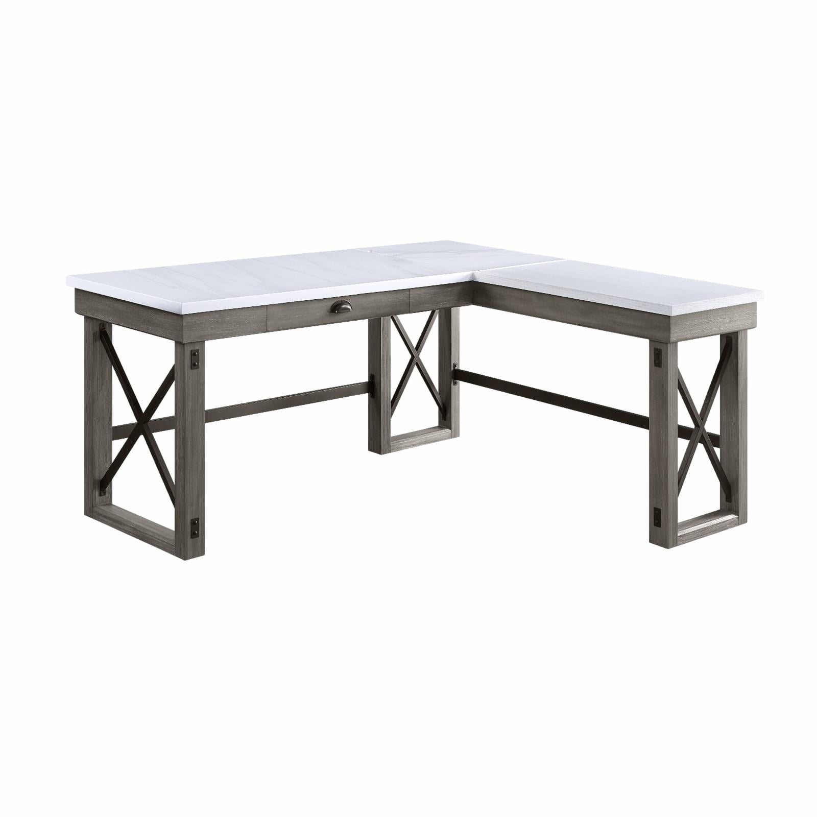 67" Weathered Gray Marble Top Corner Writing Desk with Drawer