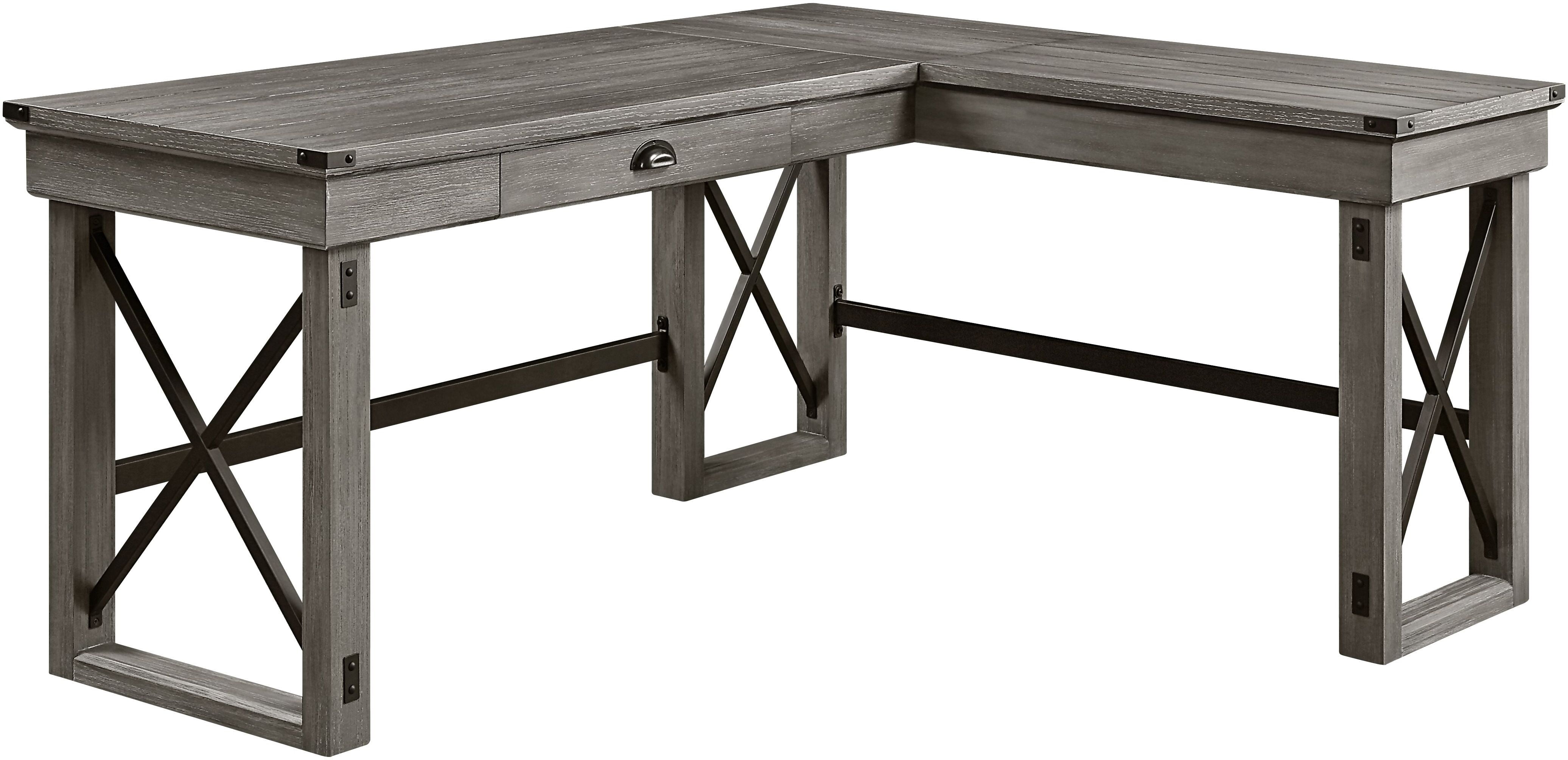 Weathered Gray Corner Writing Desk with USB and Filing Cabinet