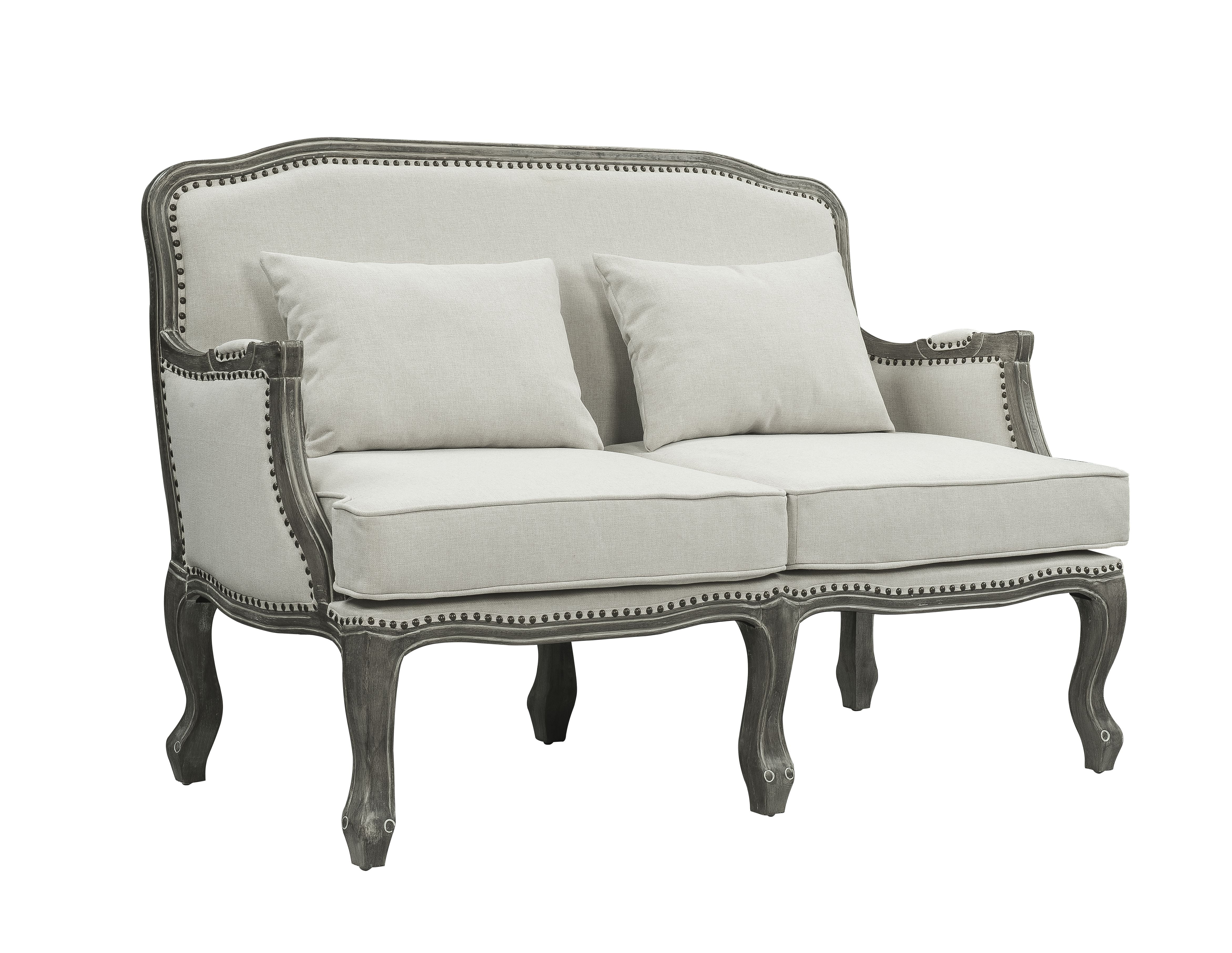 56" Cream Linen and Brown Wood Nailhead Loveseat