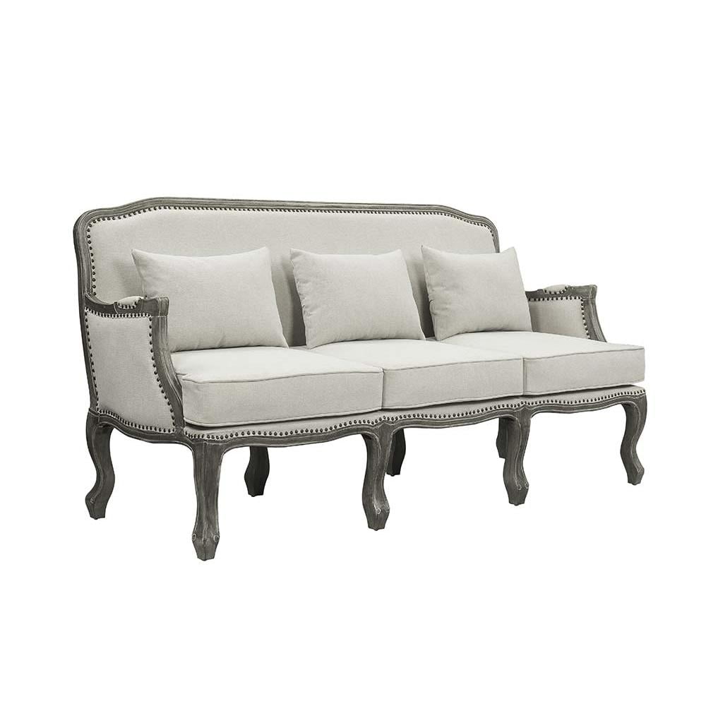 Tania Cream Linen Sofa with Nailhead Trim and Carved Wood Legs