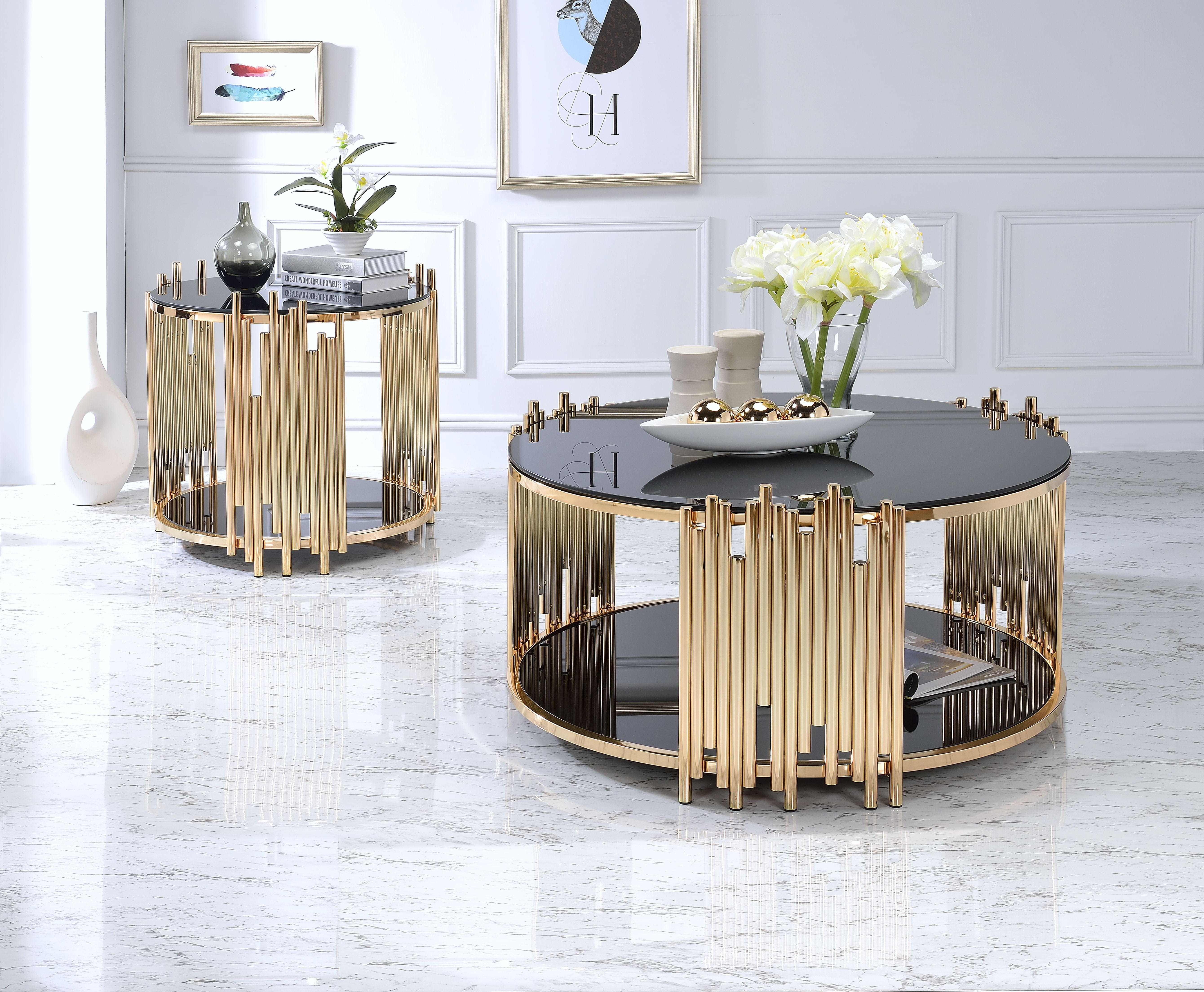 Tanquin Black Glass and Gold Round Coffee Table with Shelf