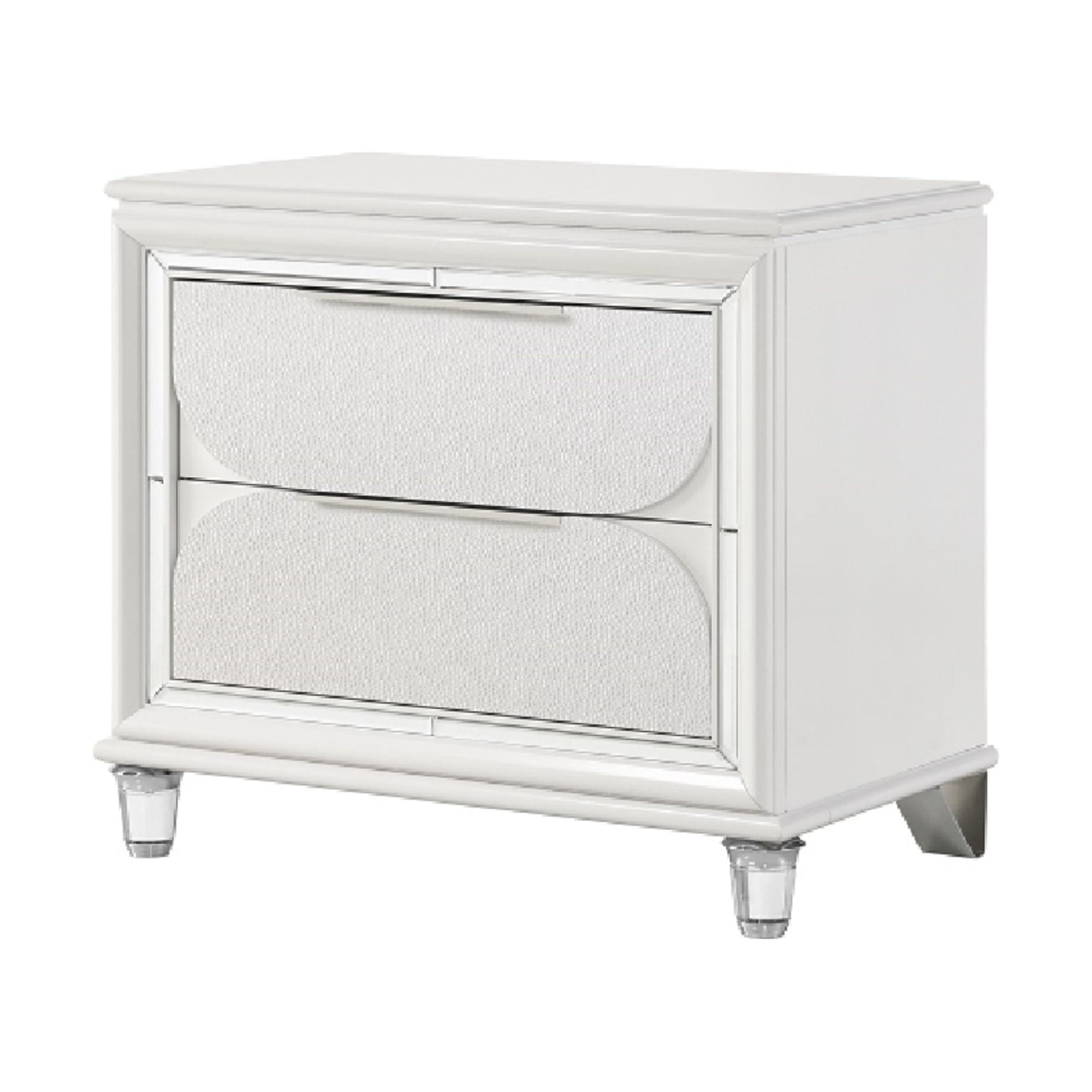Pearl White 2-Drawer Nightstand with Mirrored Trim and Acrylic Legs