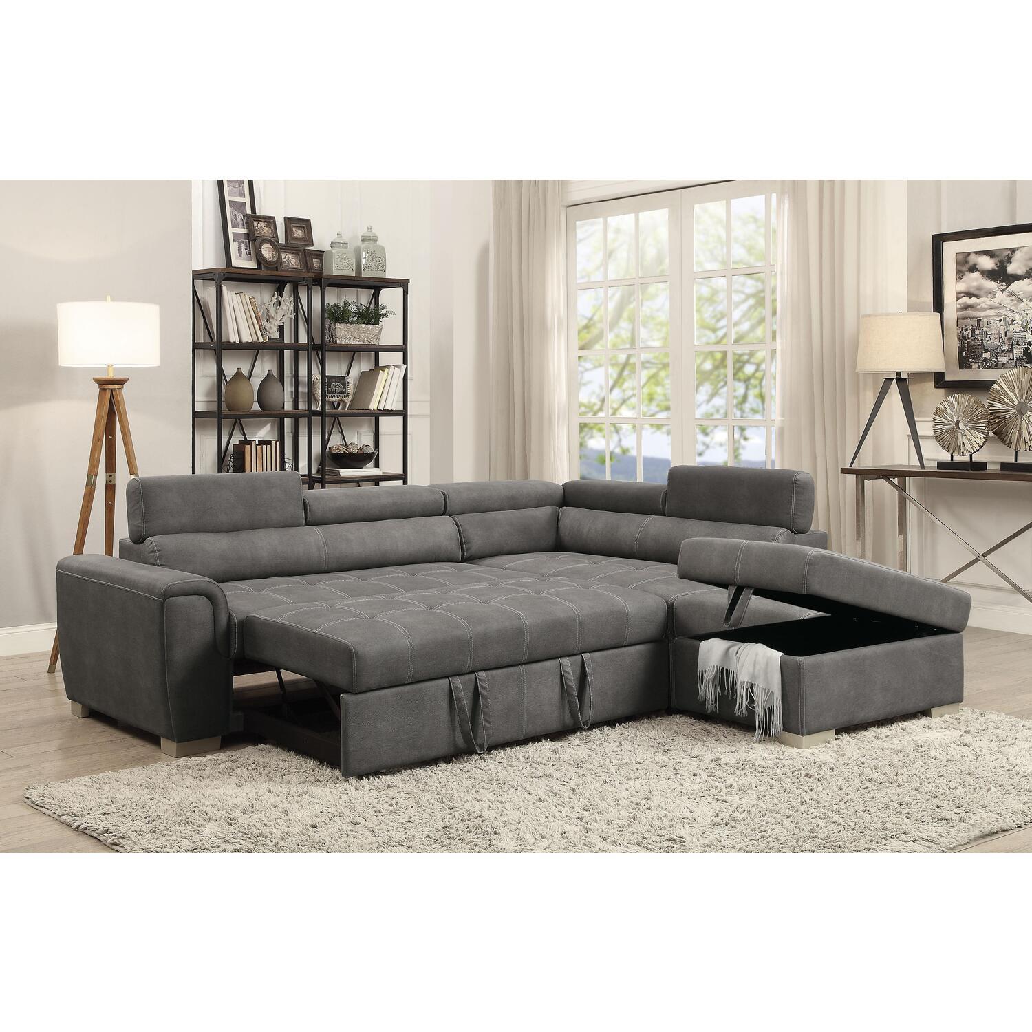 ACME Thelma Sectional Sleeper Sofa and Ottoman in Gray Polished Microfiber - image 1 of 5