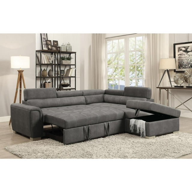ACME Thelma Sectional Sleeper Sofa and Ottoman in Gray Polished Microfiber