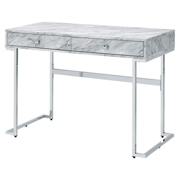ACME Tigress Writing Desk in White Printed Faux Marble and Chrome