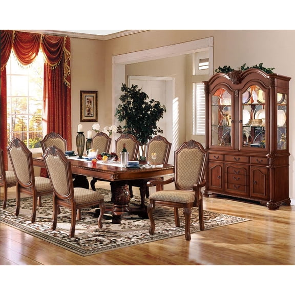 ACME Traditional 10-Piece Solid Wood Dining Table Set with 1 Dining Extendable Table, 6 Side Chairs, 2 Arm Chairs and 1 Hutch&Buffet (Cabinet), Set for 8 Persons