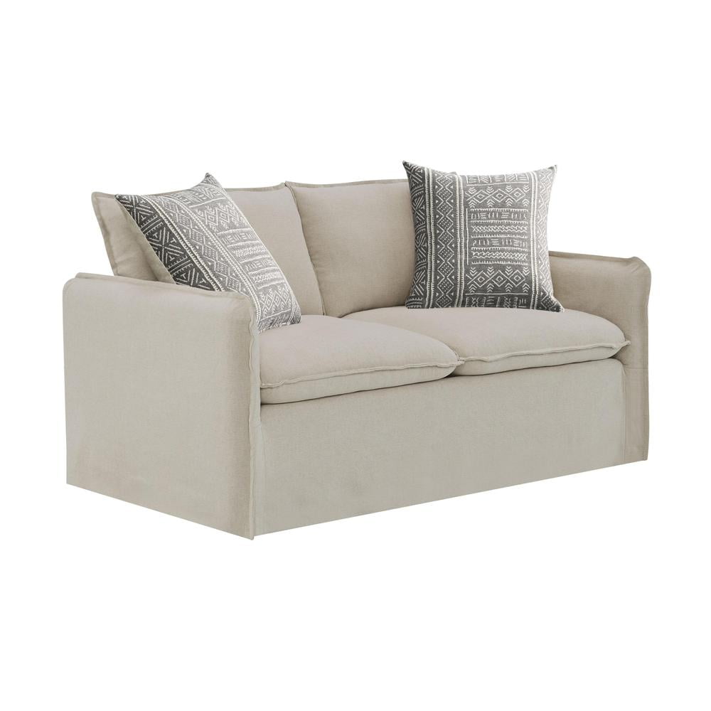 Beige Linen Loveseat with Removable Cushions and Wood Frame