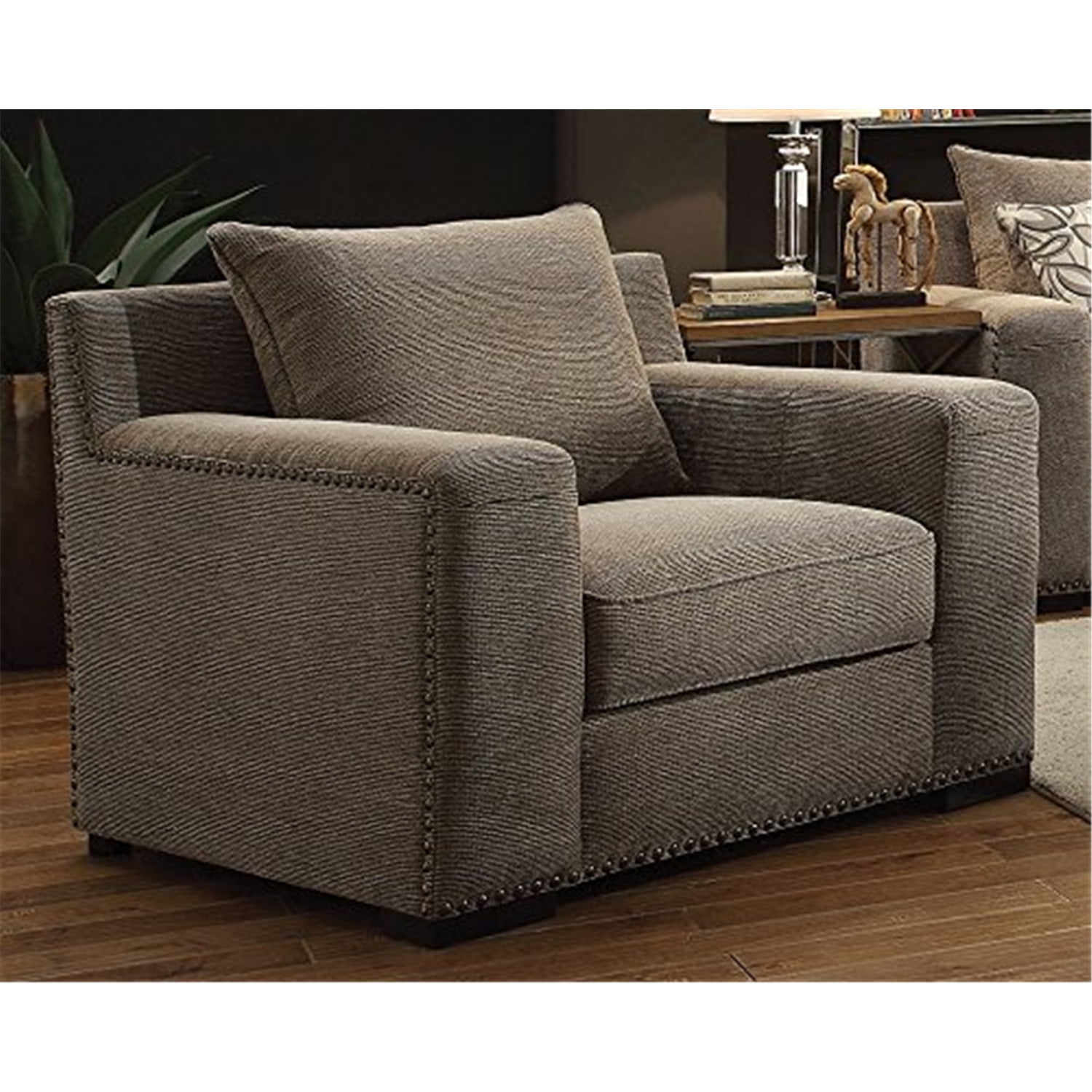 Elegant Gray Chenille Upholstered Chair with Wooden Block Legs and Nailhead Accents